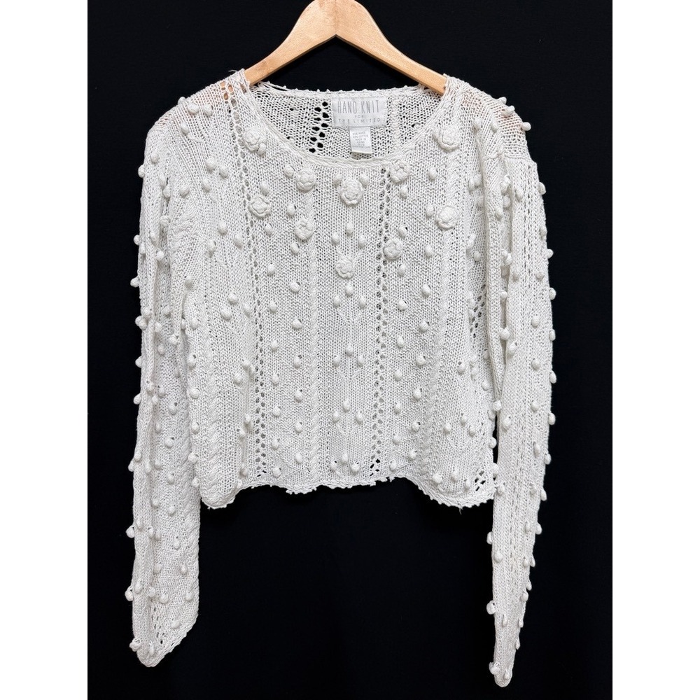 The Limited Womens Sweater Hand Knit White Ramie Cotton Popcorn Crochet Boho PS